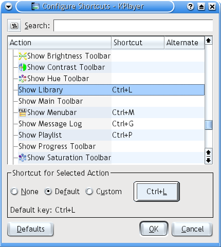 Shortcut configuration dialog